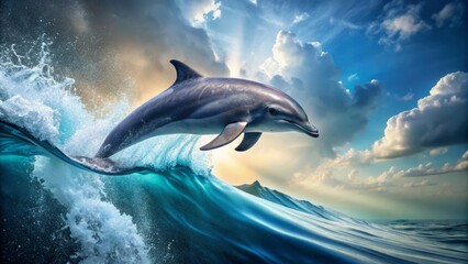 Naklejka premium Oceanic Dolphin Leaps Over a Majestic Wave at Sunset, Displaying Graceful Power and Aquatic Freedom