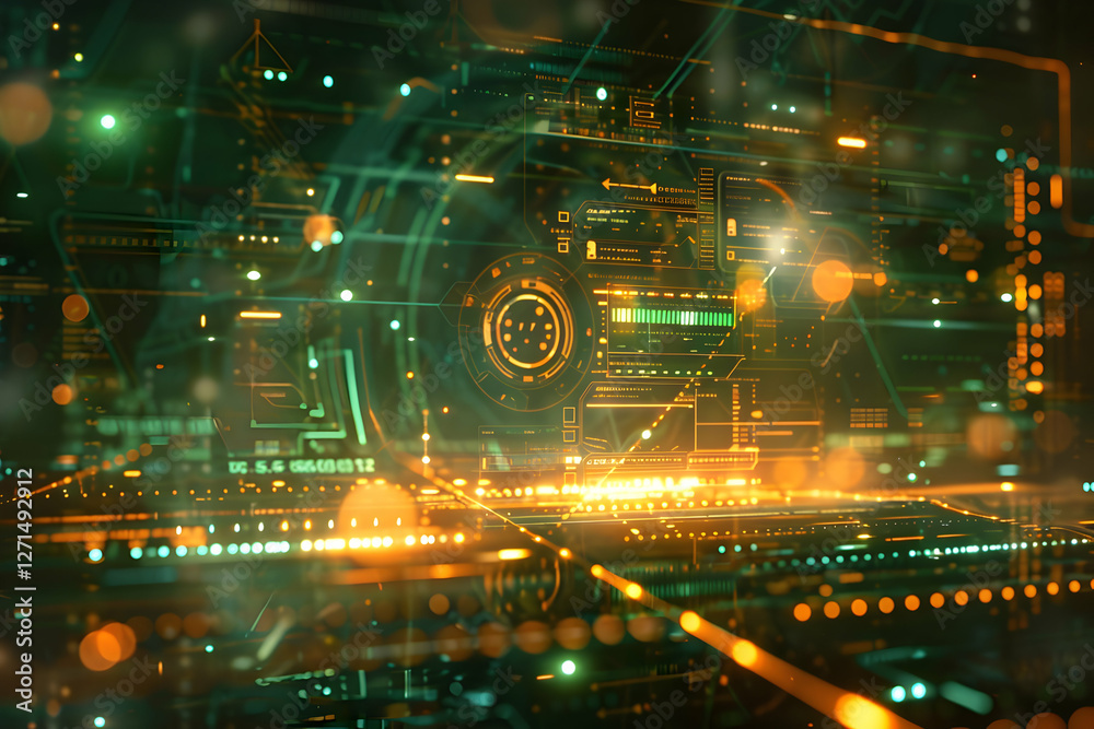 Poster futuristic digital interface with glowing circuits and data streams in a tech-inspired environment