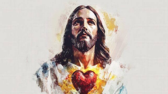 A radiant figure of Jesus holding a glowing heart, symbolizing love, faith, compassion, and divine energy


