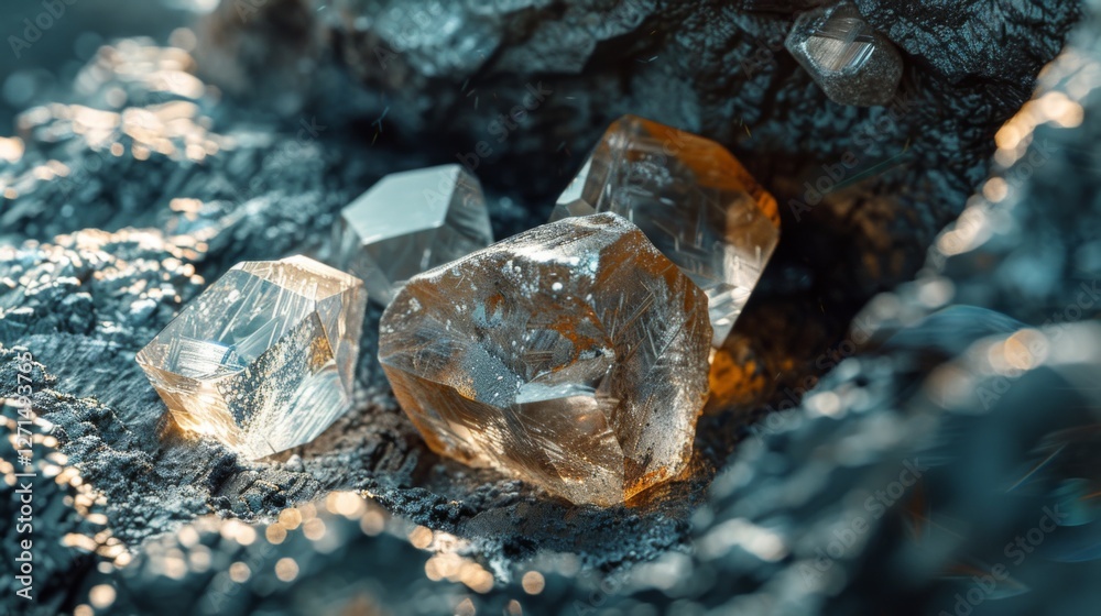 Aufkleber crystals rest on a textured rocky surface, reflecting light and revealing their unique shapes. the n