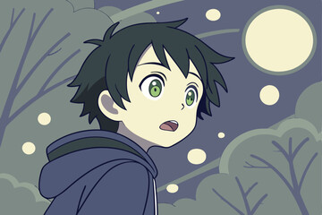  Anime-style illustration of a young boy with short, spiky black hair and large, expressive green eyes. He has a surprised and slightly frightened expression, with his mouth open and cheeks flushed.
