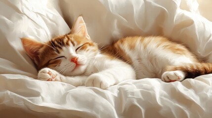 Kitten sleeps soundly in soft bedding, sunlight streams in