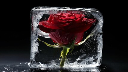 Beautiful Red Rose Encased in Clear Ice Block Against Black Background