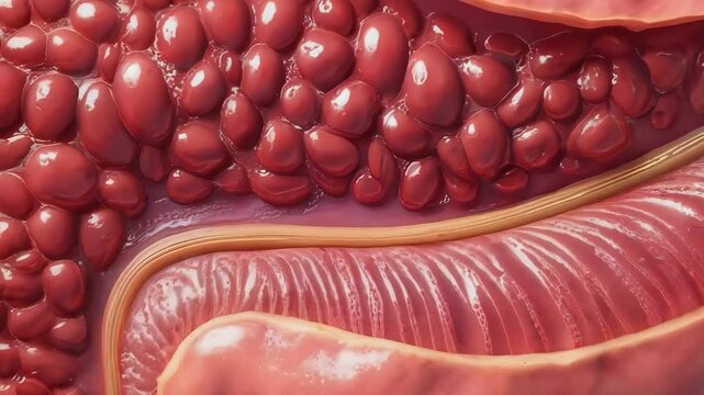 A detailed medical illustration of an intestine affected by severe constipation, showing a blocked colon with compacted stool, highlighting digestive health and gastrointestinal issues