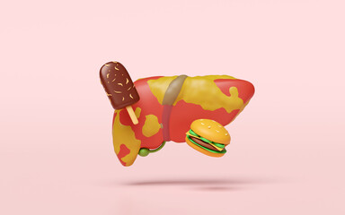 3d fatty liver disease with burger, chocolate ice cream isolated on pink background. junk food is the cause of fatty liver disease concept, 3d illustration render