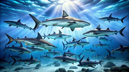 Obraz premium Oceanic Predators A School of Sharks Illuminated by Sunlight Beneath a Tranquil Surface