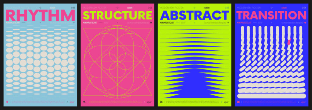 Modern abstract artwork collection, vector minimalistic posters with geometric shapes, brutalism style inspired graphic, bold Y2k futuristic aesthetic, form distortion effect, color set 11