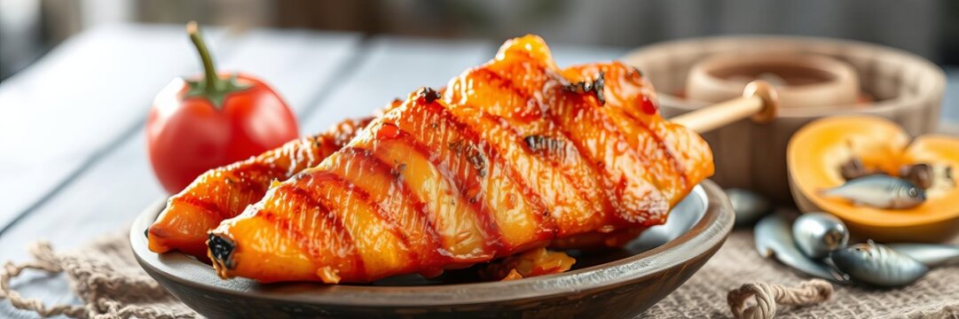 Close up shot of ripe papaya pok in a rustic sackcloth on a wooden table with a blurred background of crispy fried small fish, fried, pok, blurred