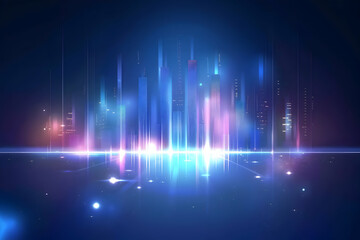 Futuristic city skyline illuminated by colorful lights with a glowing horizon at night