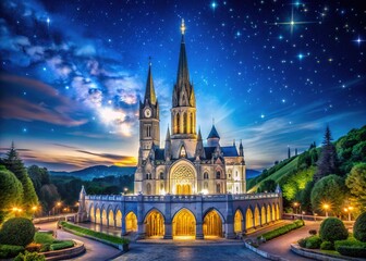 Fototapeta premium Starry night captures the majestic Lourdes Basilica.