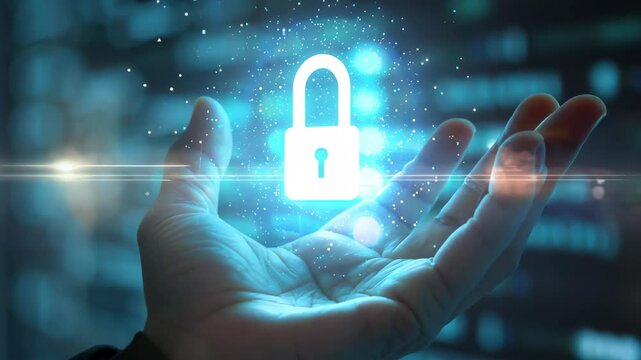 Digital security concept with lock and hand on abstract background