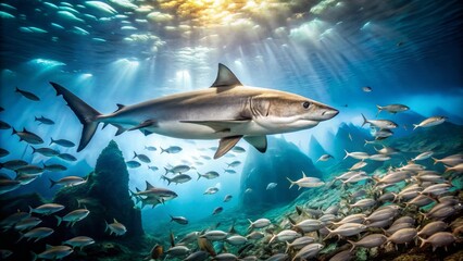 Fototapeta premium Oceanic predator gracefully glides through sunlit coral reef, surrounded by a shimmering school of fish