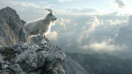 A majestic mountain goat stands on a rocky ledge, gazing out over a stunning landscape of clouds and mountains beneath a serene sky.