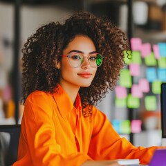 Vibrant Creativity in the Workspace, Confident woman with curly hair and glasses smiles warmly, surrounded by colorful, organized workspace filled with sticky notes