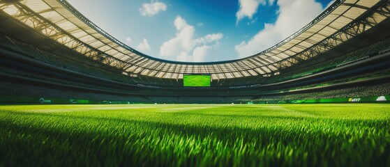 Vibrant Stadium Landscape A Game Day Experience, Breathtaking view from field level of modern stadium, lush green grass under stunning sky, ideal for thrilling sports events