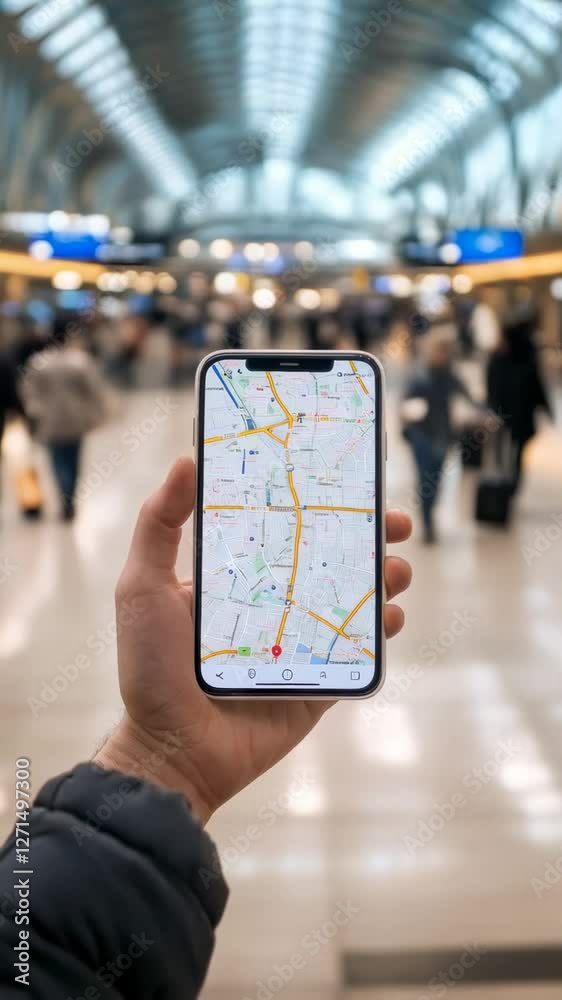 Poster Traveler utilizing smartphone navigation app while moving through contemporary airport terminal, searching digital map for precise location and travel directions in slow motion sequence