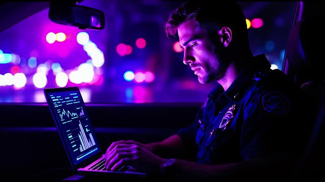 Police officer working on a laptop inside a patrol car at night, illuminated by colorful city lights