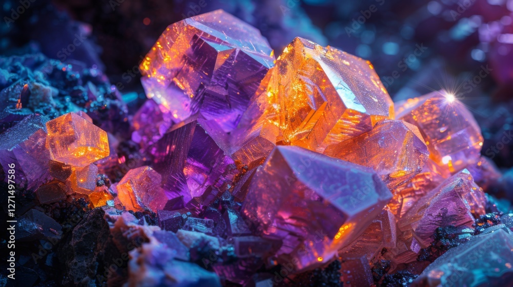 Aufkleber clusters of purple and orange crystals sparkle as they rest on a rocky surface, illuminated by soft 