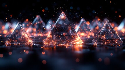 Glowing glass pyramids on dark reflective surface with bokeh lights.
