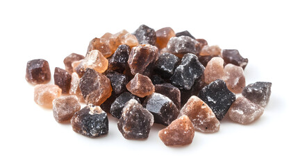 Obraz premium Black Himalayan salt crystals arranged in a small layer on a white background, their rich brown and black tones creating an earthy and luxurious feel.