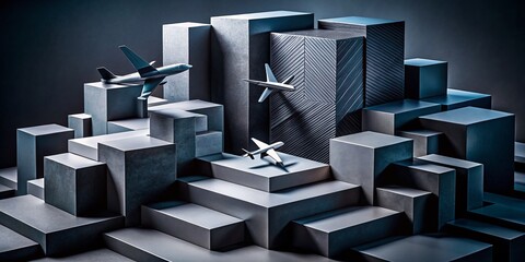 Abstract Charcoal Black 3D Layered Planes, Depth Illusion, Geometric Art, Modern Design