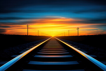 Sunset Train Tracks Leading to Horizon