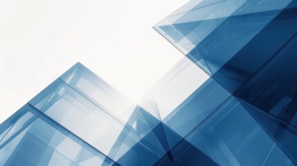 Abstract composition of translucent blue glass structures reflecting light in a modern urban setting