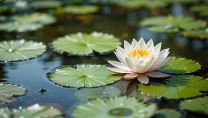 Serene White Water Lily Blooming Above Floating Green Leaves in a Tranquil Pond Environment