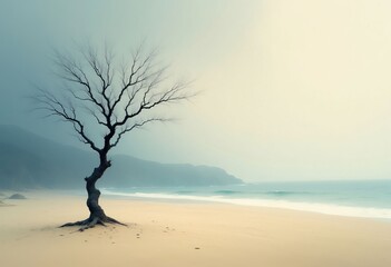 Bare tree rooted in sandy beach, muted coastal landscape
