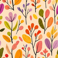 Colorful Floral Pattern Featuring Vibrant Leaves and Branches on a Light Background