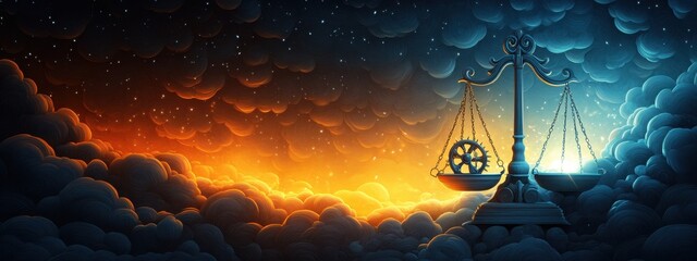 A Striking Contrast of Light and Dark: The Balance of Justice Against a Fiery Sky