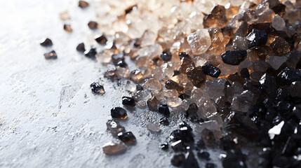 Black Himalayan salt grains on a white surface, catching the light and reflecting different shades of dark tones.
