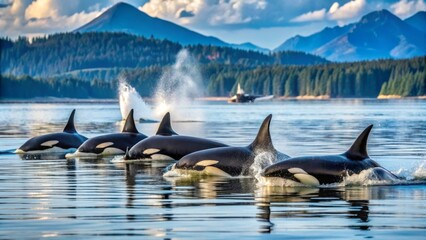 Fototapeta premium A pod of orcas gracefully glides through tranquil waters, their sleek bodies creating ripples against a backdrop of majestic mountains and a serene forest.
