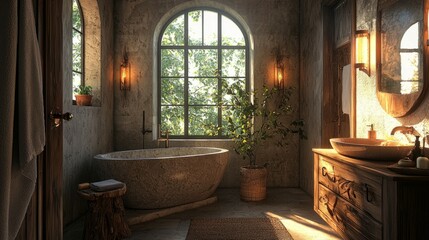Elegant Rustic Bathroom Design with Natural Light and Greenery