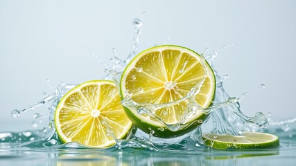 Dynamic splash of water around a fresh lime slice, showcasing the fruit's juicy sour taste and healthy properties, lime, splash, properties