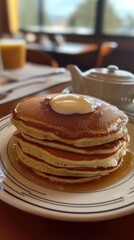 Buttery Pancakes Stack Drizzled With Syrup A Delicious Breakfast