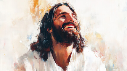 A joyful artistic portrait of Jesus laughing, radiating happiness, divine love, and spiritual enlightenment

