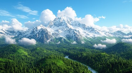 Obraz premium Majestic snow-capped mountain range, valley river, green forest, sunny day, travel poster