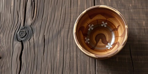 Fototapeta premium Empty Japanese handmade ceramic bowl with a rustic wood background, showcasing intricate ceramic texture, handmade, intricate, Japanese