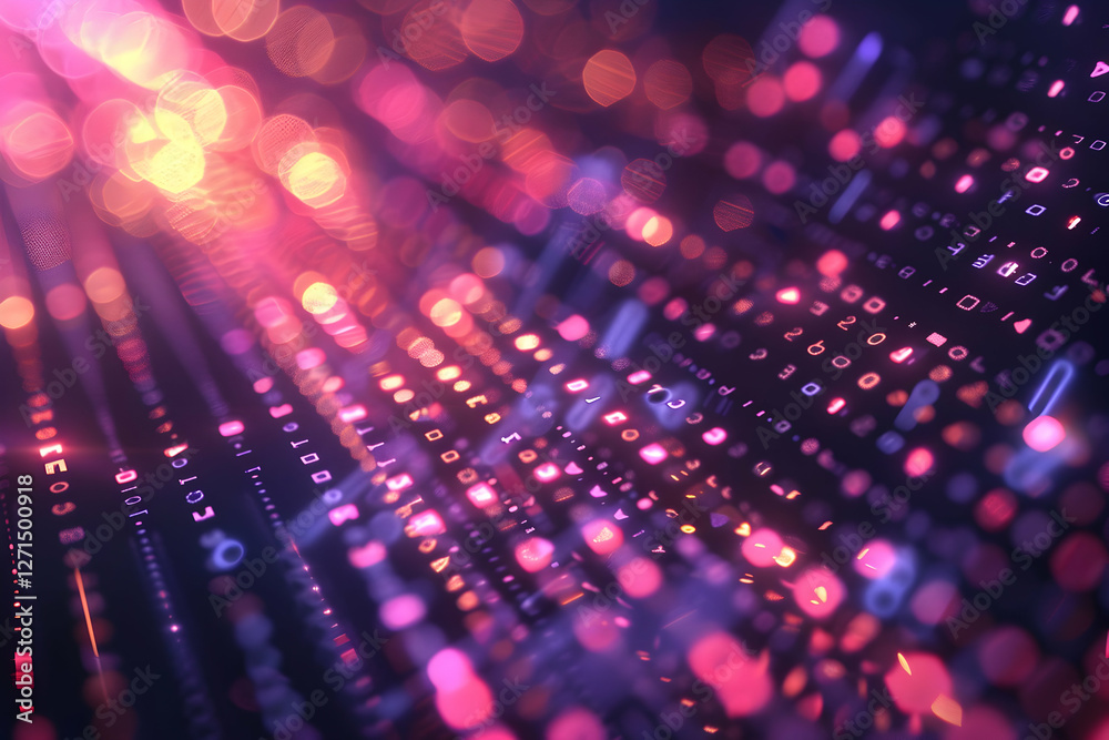 Poster abstract digital data visualization with vibrant colors and glowing binary code patterns