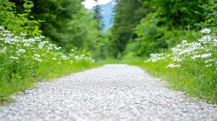 Gravel path through forest, flowers, nature walk