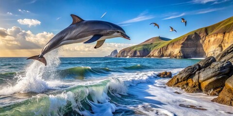 Oceanic Dolphin Leaps Over a Crest of Waves Near a Rocky Shore Under a Vivid Sky