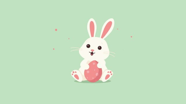A white Easter bunny with a pink egg sits on a green background and looks around at the flashing confetti. Animation for the Easter holiday. 