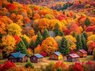 Obraz premium Vibrant fall foliage surrounds cozy Allegheny cabins.