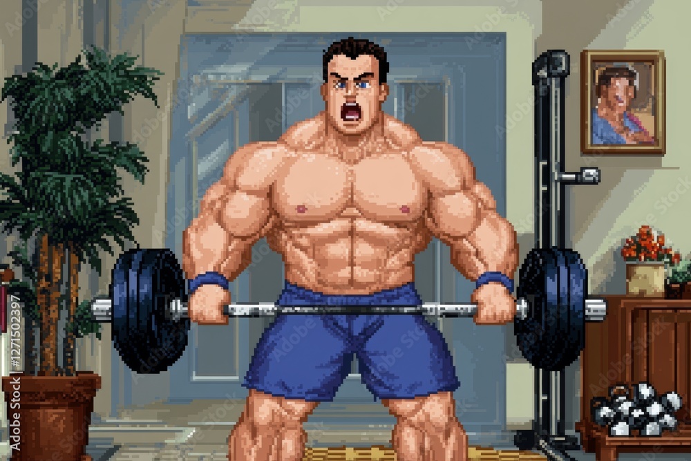 Poster A 8-bit pixel art of a classic video game character lifting weights in a pixelated gym setting