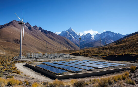 renewable energy plant with solar panels and wind turbines in high altitude mountainous region under clear blue sky