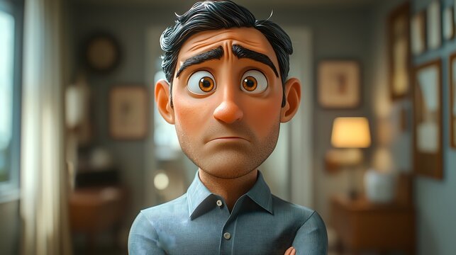 A Thoughtful Gaze: An animated man with a look of introspection, possibly worry, gazing directly, capturing a moment of contemplation or concern with subtle detail and depth.
