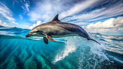 Fototapeta premium Oceanic Dolphin Leaping Through a Wave, a Breathtaking Underwater Scene of Aquatic Grace and Power