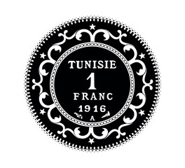 Tunisia 1 franc vector coin on white isolated background. Reverse of Tunisia 1 franc coin. The coin is depicted in black and white. Vector illustration.