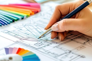 Hand sketching architectural plans with colored pencils on blueprint paper, showcasing creativity and design